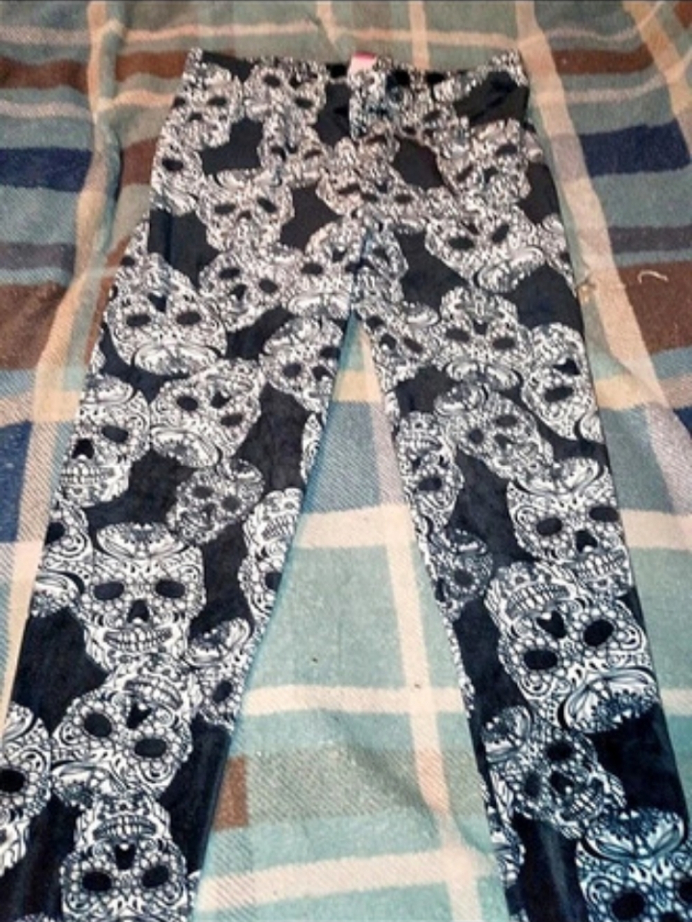 No Boundaries Black White Sugar Skull Velour Plush Goth Leggings